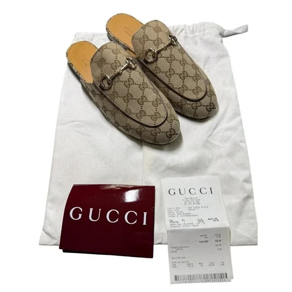 Gucci Princetown GG Supreme Canvas Horsebit Mules Beige Ebony 39 802163 KY980 - Picture 2 of 12